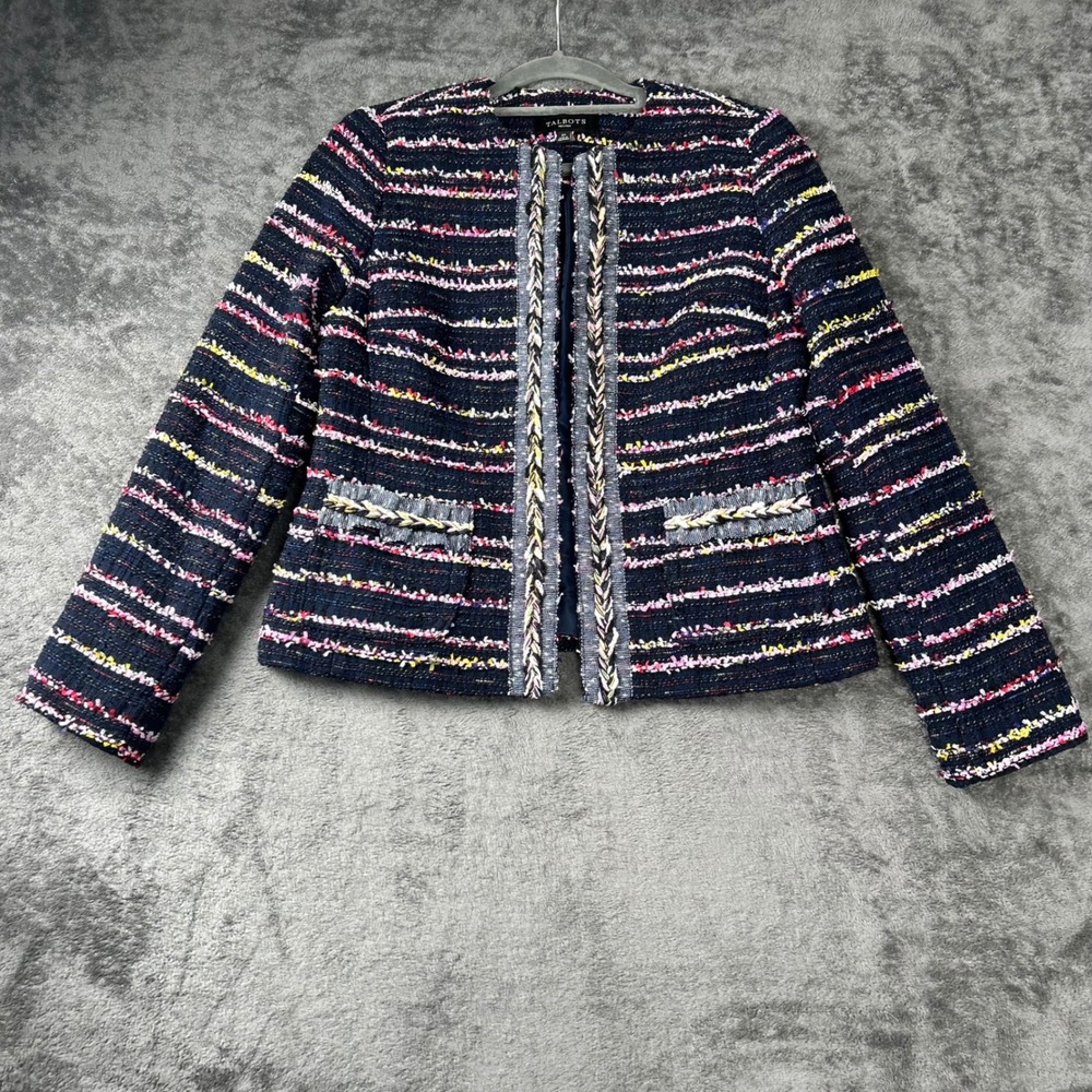 Talbots Petites Navy Blue Multi Color Striped Tweed Open Front Jacket Blazer 2P